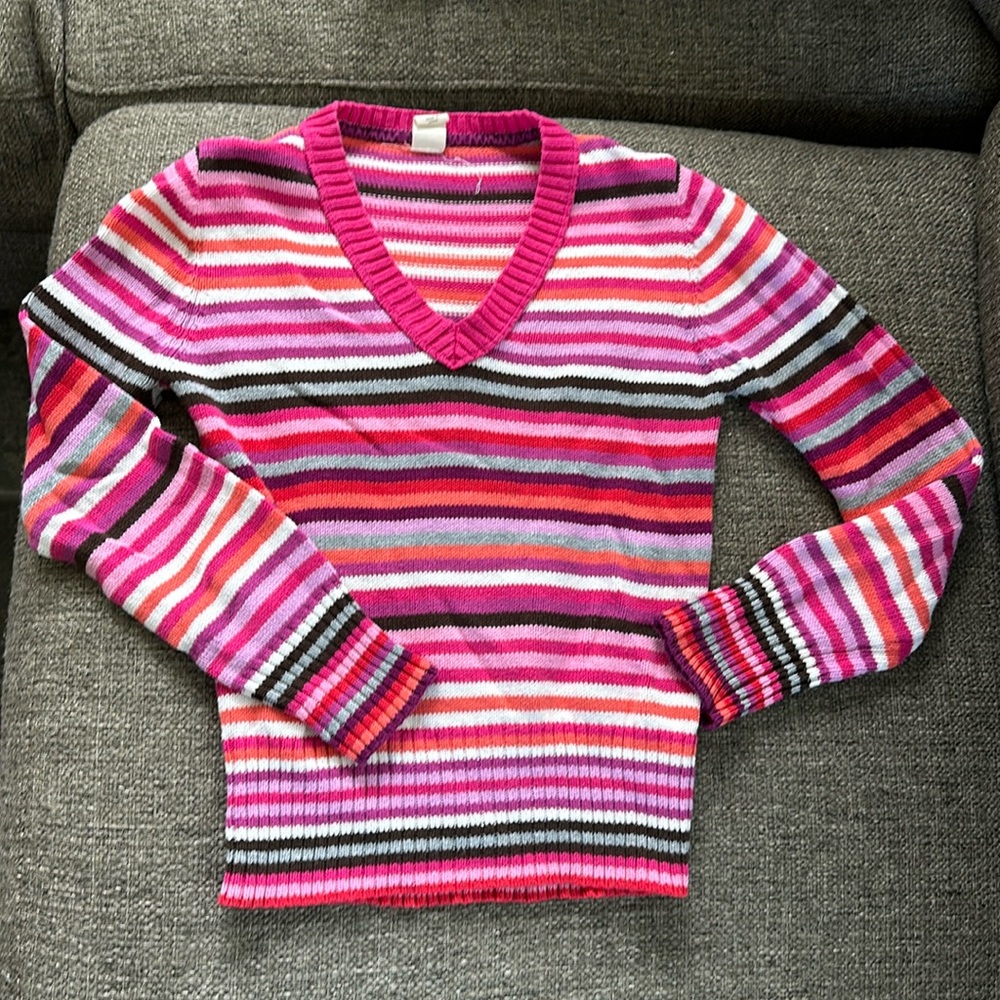 Old Navy Girls Knit Multi Color Striped Long Sleeve V-Neck Sweater Pink Size M 8